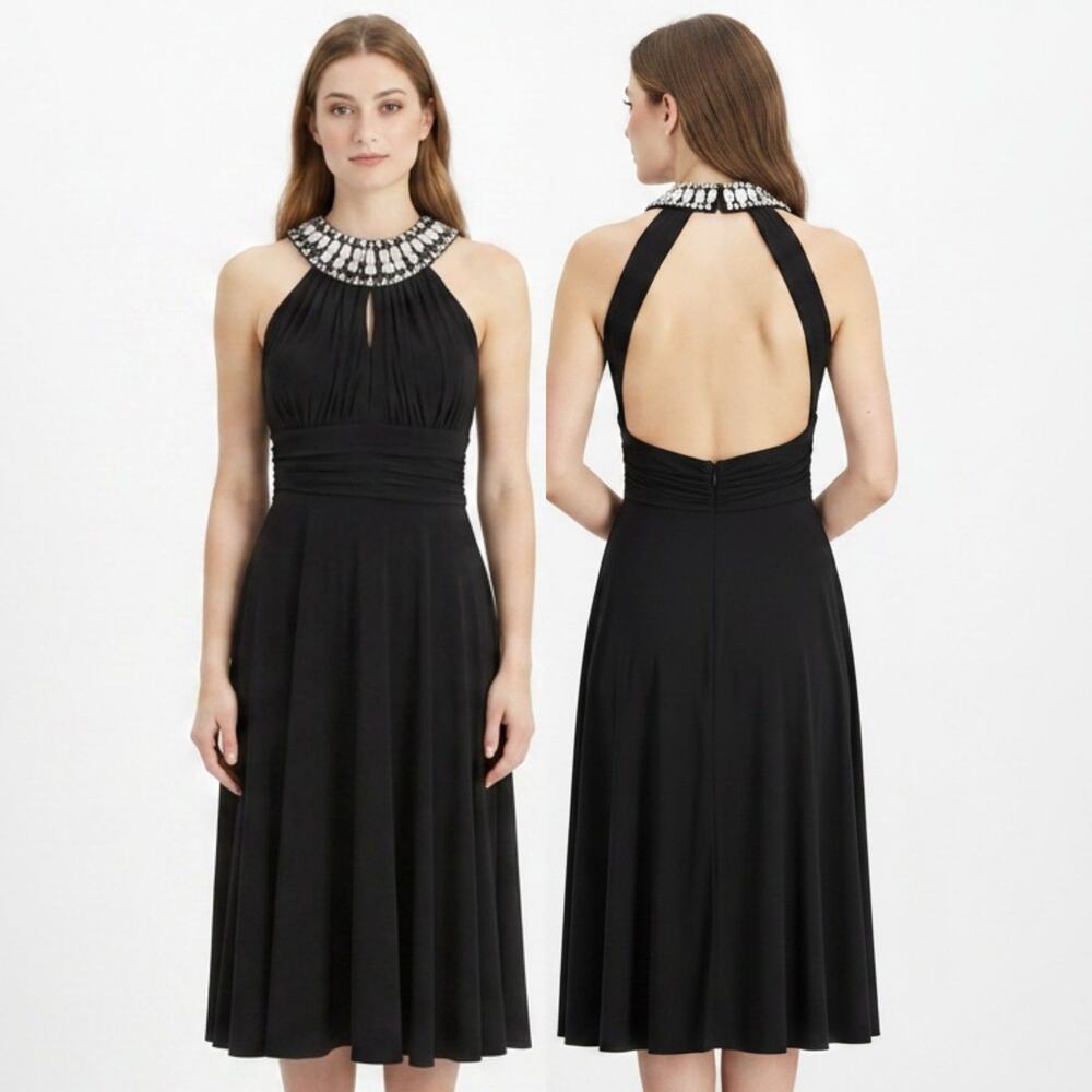 BETSY & ADAM Black Beaded Halter Dress 10 Cocktail Wedding Guest NWOT